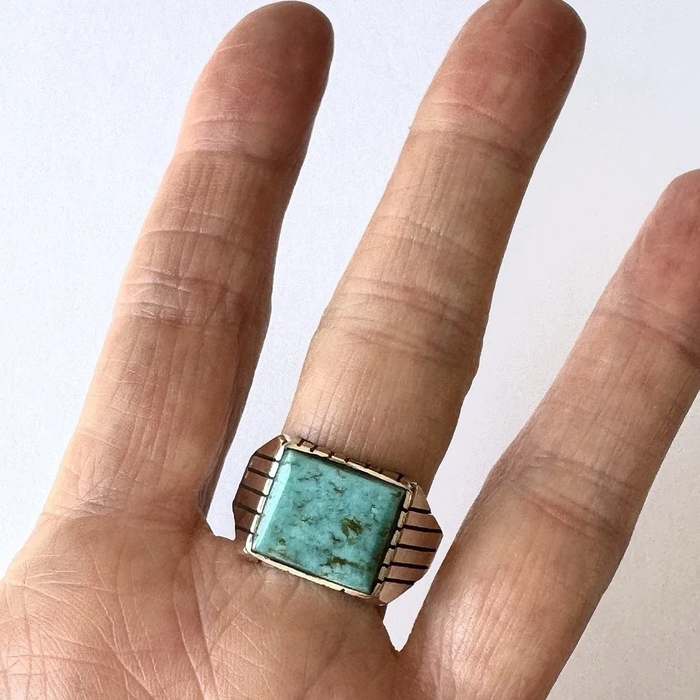 Navajo Turquoise Mens Ring Sz 13 Rectangle Signed Jack Sterling 14mm